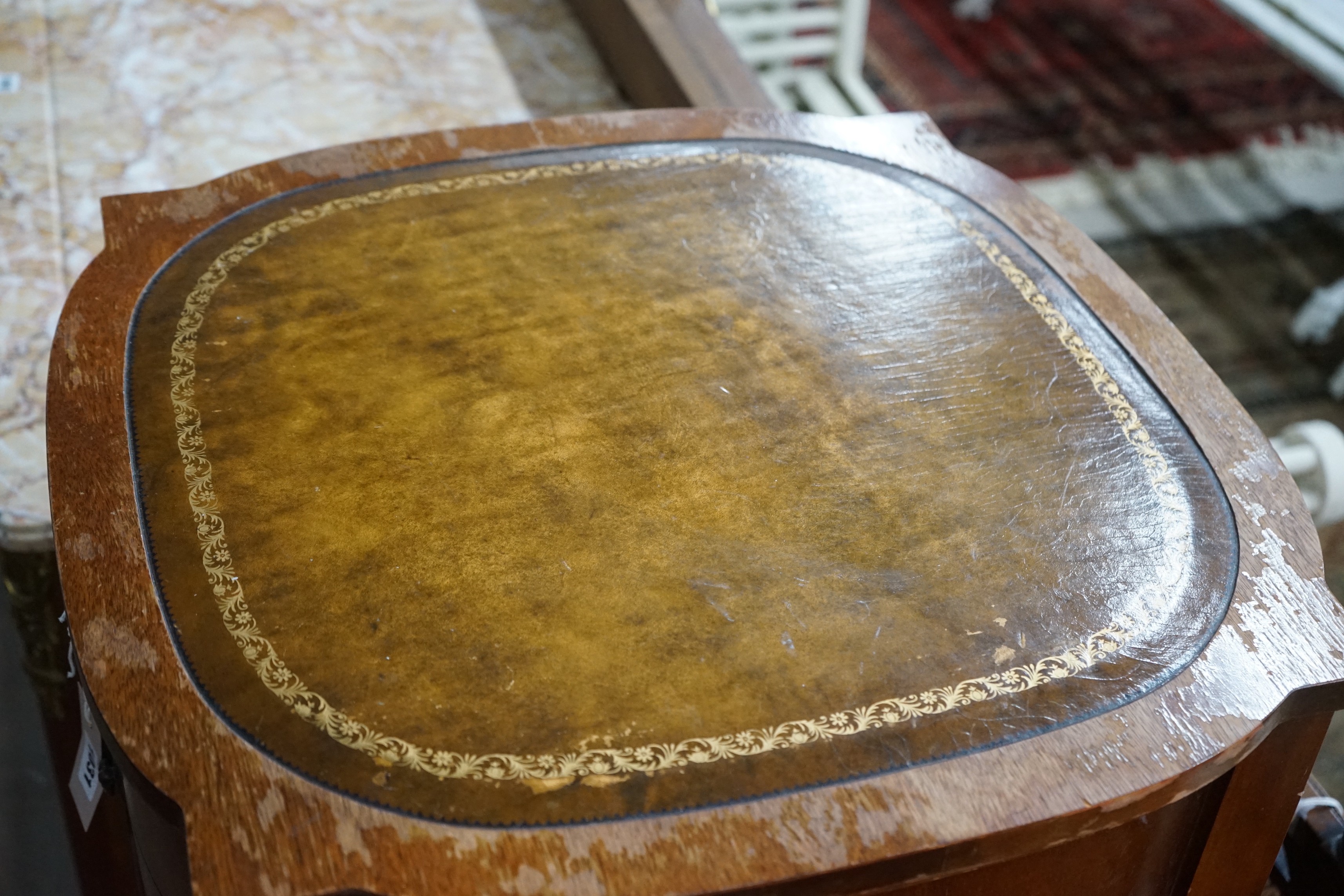 Two reproduction leather topped mahogany bedside tables, width 56cm, depth 56cm, height 57cm